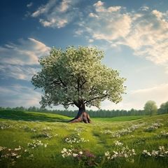 Столп личности 甲寅 Дерево Ян на Тигре в БаЦзы - цветущее дерево на зелёной поляне
